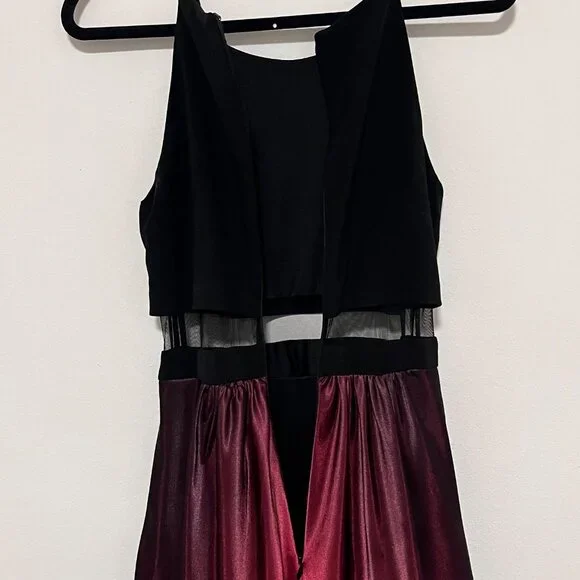 Two-Tone Black & Red Sleeveless Maxi Gown With Sheer Mesh Waist Detail And Gradi - Picture 13 of 15